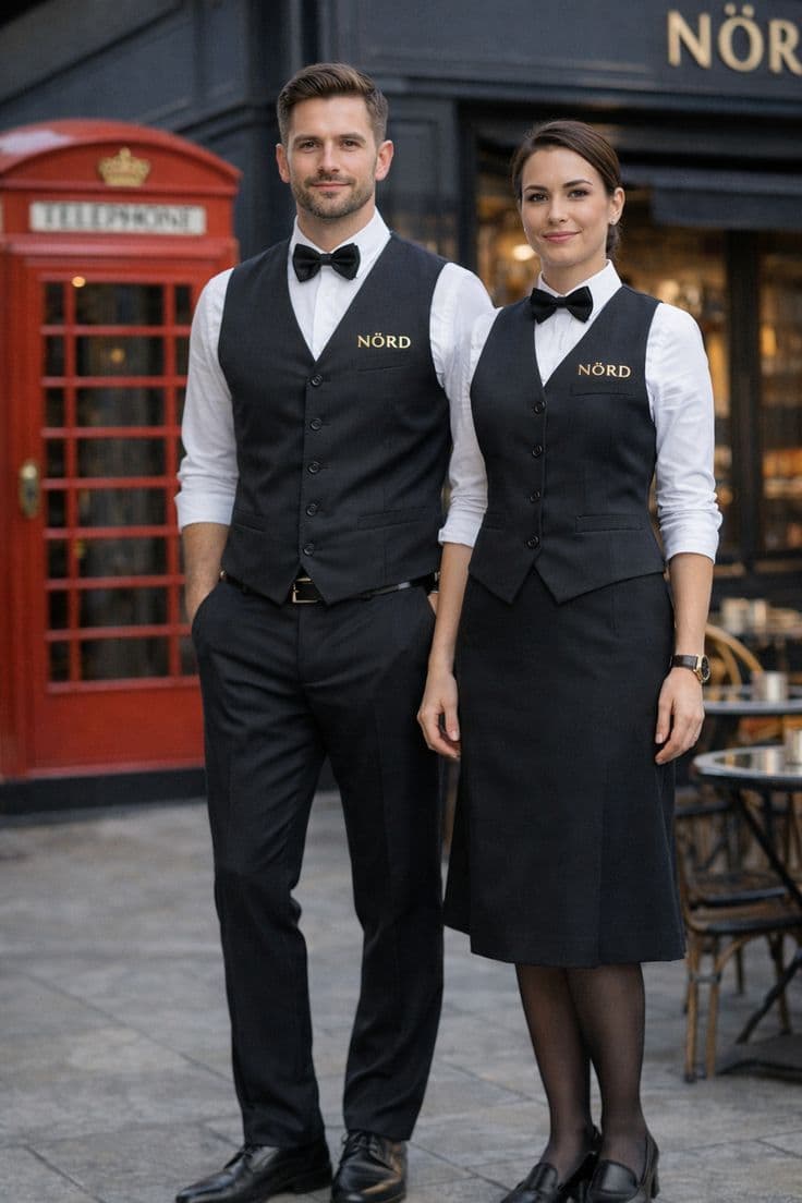 Hotel reception team in uniforms with embroidered branding